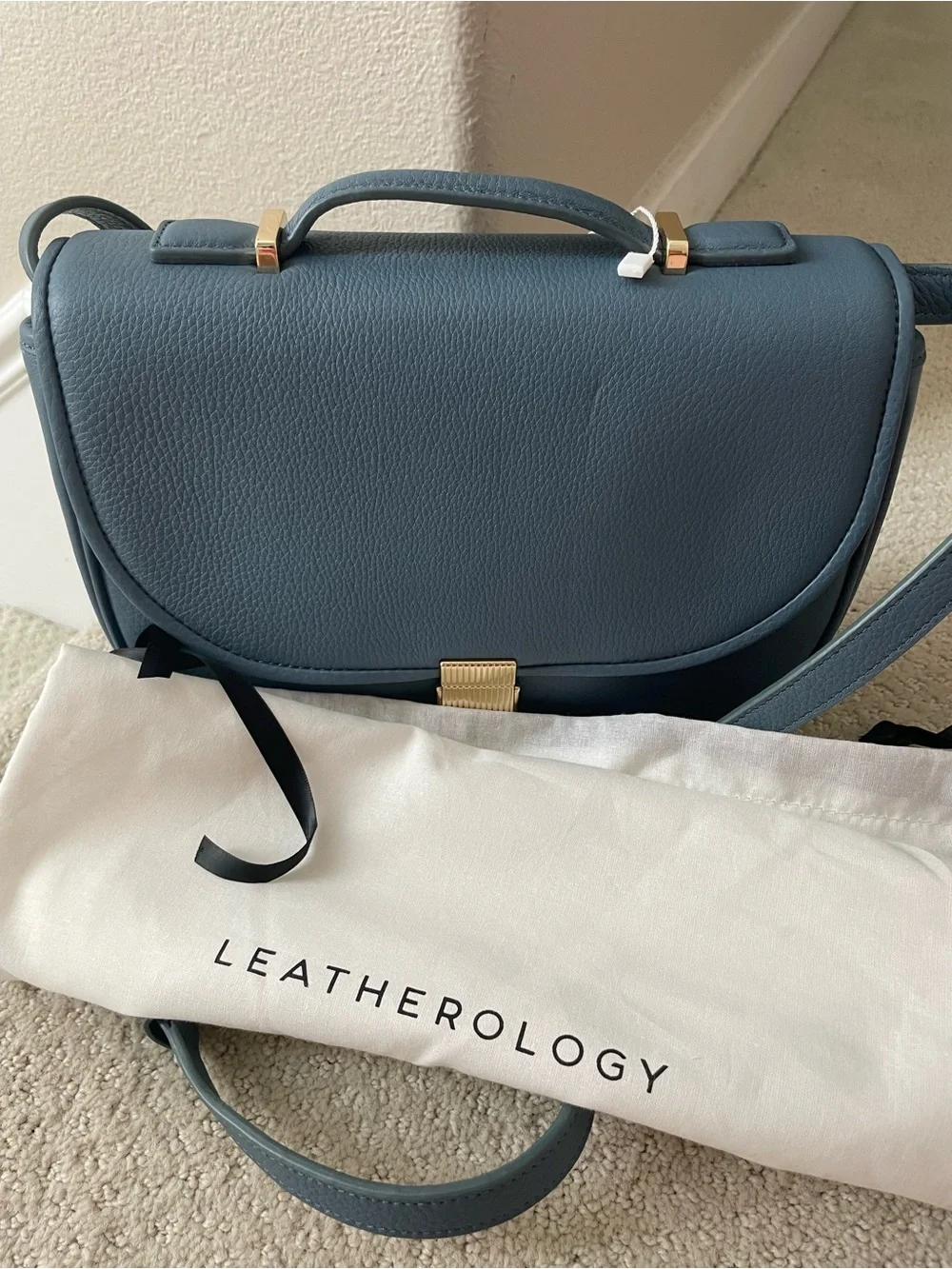 New Blue Leather Crossbody Saddle Bag with Gold Hardware (medium)